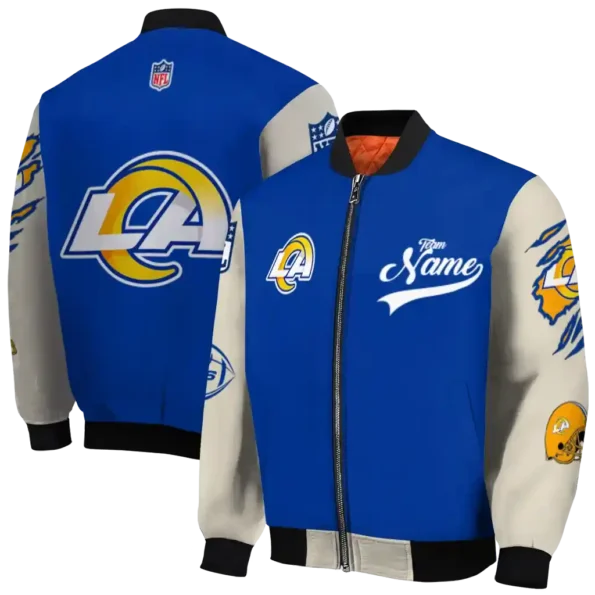 custom los angeles rams razorback outline blue nude bomber jacket fashion forward
