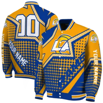 custom los angeles rams star burst blue varsity jacket fashion forward