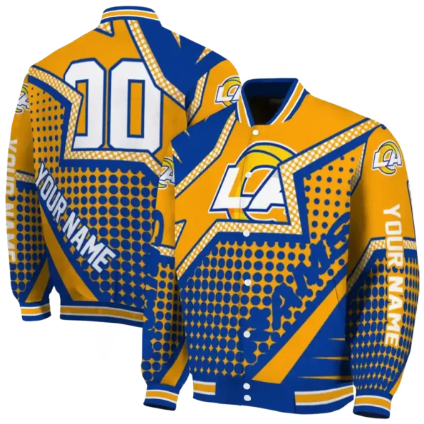 custom los angeles rams star burst blue varsity jacket fashion forward