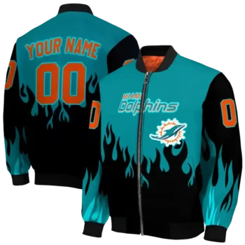 custom miami dolphins flame border aqua black bomber jacket fashion forward