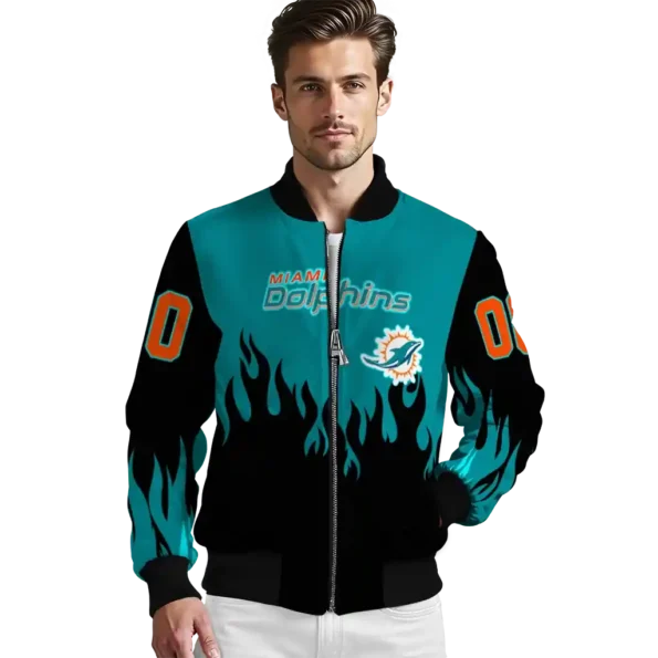 custom miami dolphins flame border aqua black bomber jacket high quality