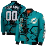 custom miami dolphins hexagon cluster aqua black bomber jacket best selling