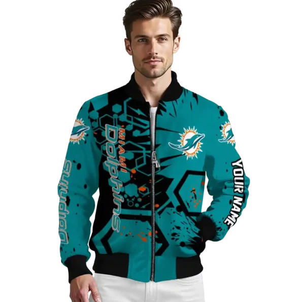 custom miami dolphins hexagon cluster aqua black bomber jacket high quality
