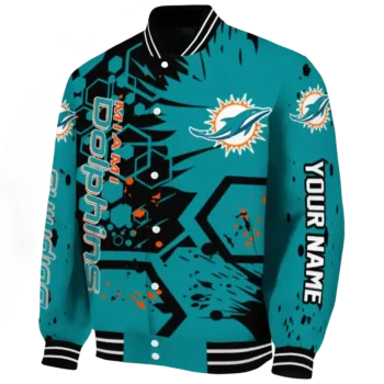 custom miami dolphins hexagon cluster aqua black varsity jacket best selling