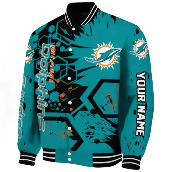 custom miami dolphins hexagon cluster aqua black varsity jacket best selling