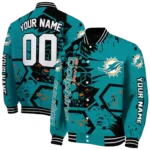 custom miami dolphins hexagon cluster aqua black varsity jacket best selling