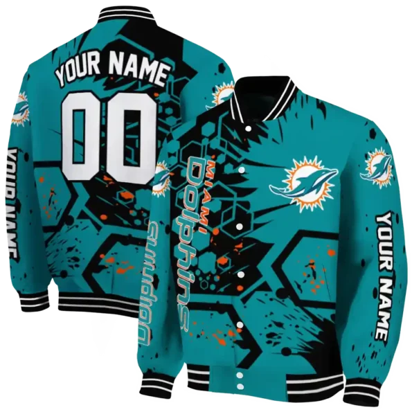 custom miami dolphins hexagon cluster aqua black varsity jacket fashion forward