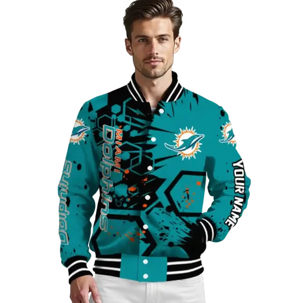custom miami dolphins hexagon cluster aqua black varsity jacket high quality