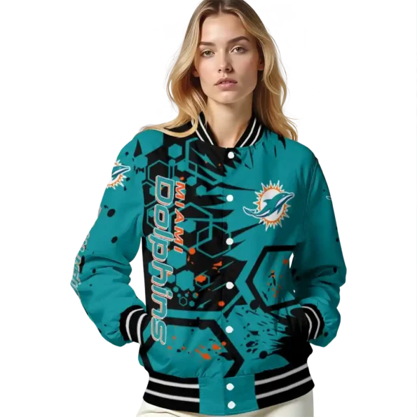custom miami dolphins hexagon cluster aqua black varsity jacket latest model