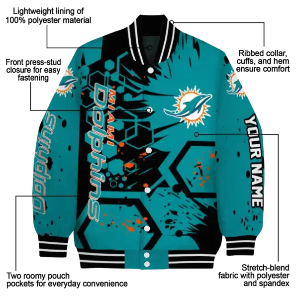 custom miami dolphins hexagon cluster aqua black varsity jacket new arrival