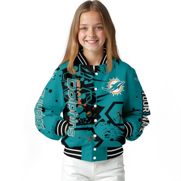 custom miami dolphins hexagon cluster aqua black varsity jacket top rated