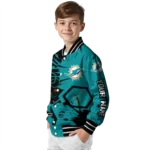 custom miami dolphins hexagon cluster aqua black varsity jacket best selling