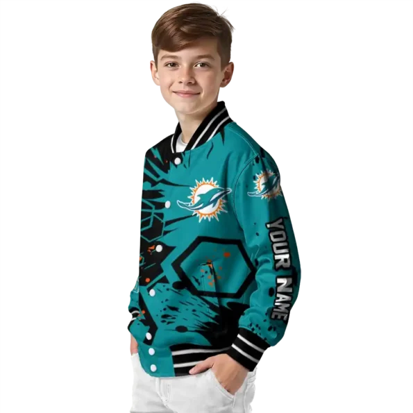 custom miami dolphins hexagon cluster aqua black varsity jacket trendy