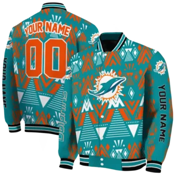 custom miami dolphins pyramid shapes aqua varsity jacket fashion forward