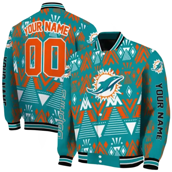 custom miami dolphins pyramid shapes aqua varsity jacket fashion forward