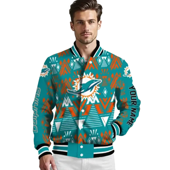 custom miami dolphins pyramid shapes aqua varsity jacket high quality