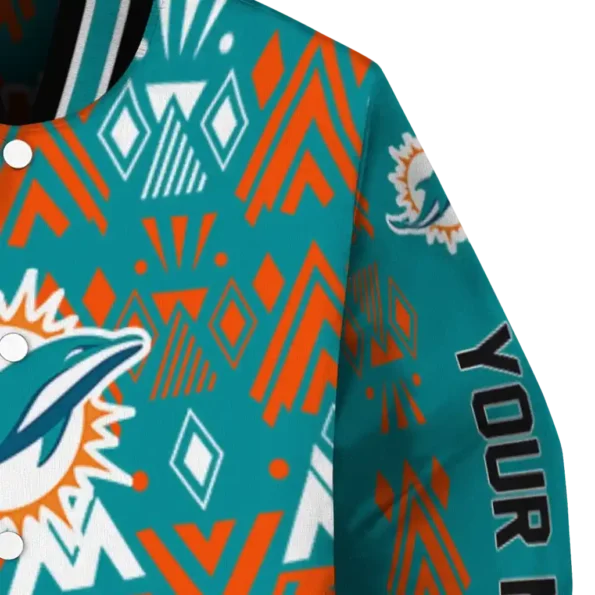 custom miami dolphins pyramid shapes aqua varsity jacket premium grade