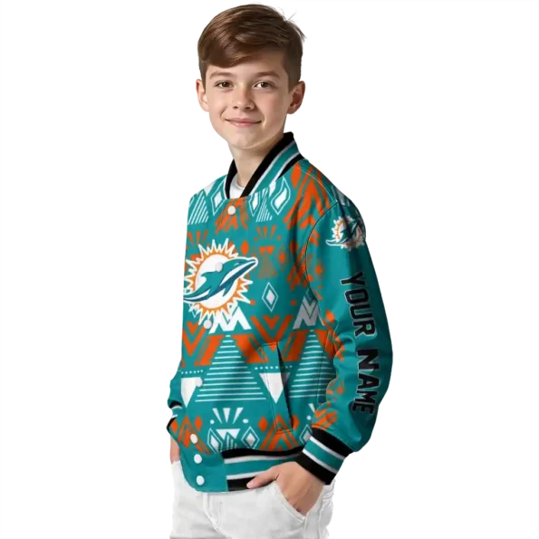 custom miami dolphins pyramid shapes aqua varsity jacket trendy