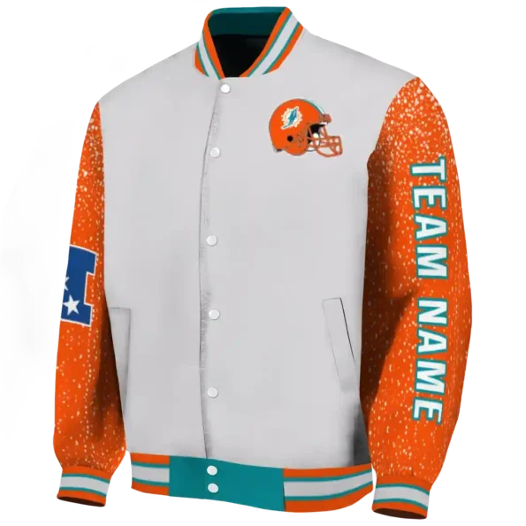 custom miami dolphins speckled arms aqua gray varsity jacket best selling