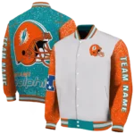 custom miami dolphins speckled arms aqua gray varsity jacket best selling