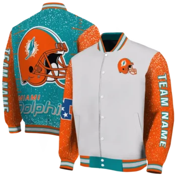 custom miami dolphins speckled arms aqua gray varsity jacket fashion forward