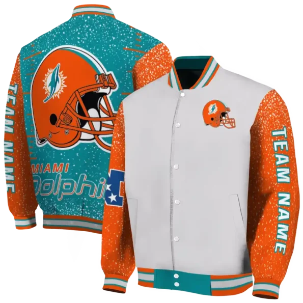 custom miami dolphins speckled arms aqua gray varsity jacket fashion forward