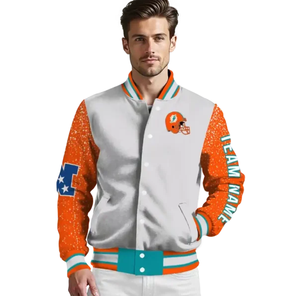 custom miami dolphins speckled arms aqua gray varsity jacket high quality