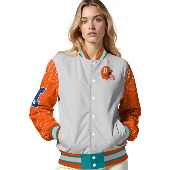 custom miami dolphins speckled arms aqua gray varsity jacket latest model