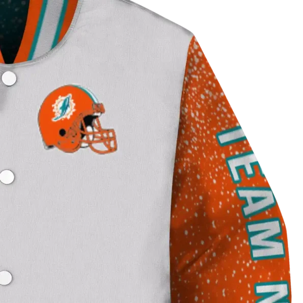 custom miami dolphins speckled arms aqua gray varsity jacket premium grade