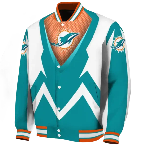 custom miami dolphins v stripes aqua white varsity jacket best selling