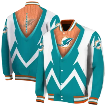 custom miami dolphins v stripes aqua white varsity jacket fashion forward