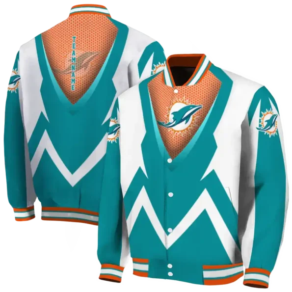 custom miami dolphins v stripes aqua white varsity jacket fashion forward