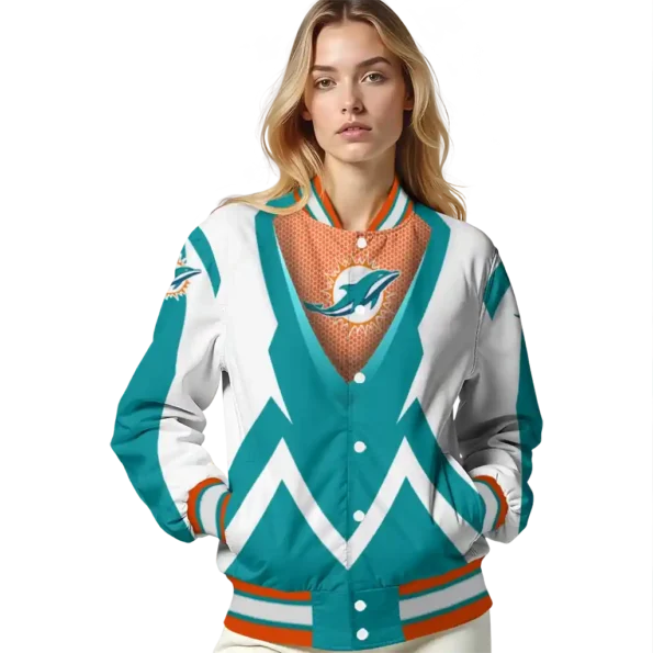 custom miami dolphins v stripes aqua white varsity jacket latest model