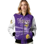custom minnesota vikings ferris arena purple white bomber jacket best selling