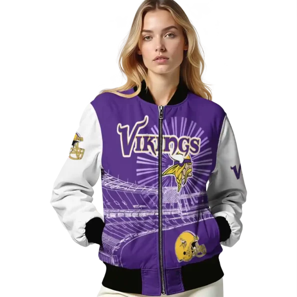 custom minnesota vikings ferris arena purple white bomber jacket latest model