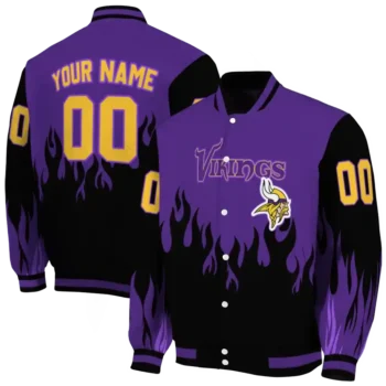 custom minnesota vikings flame border purple black varsity jacket fashion forward