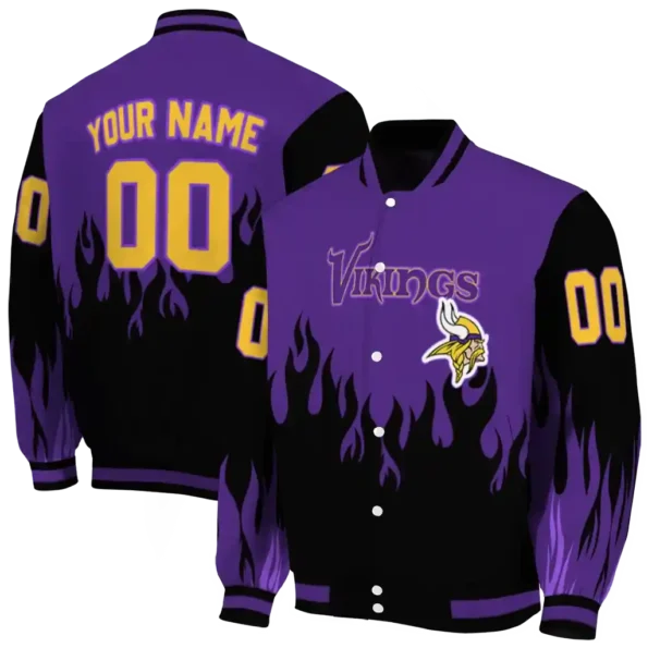 custom minnesota vikings flame border purple black varsity jacket fashion forward