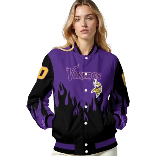 custom minnesota vikings flame border purple black varsity jacket latest model