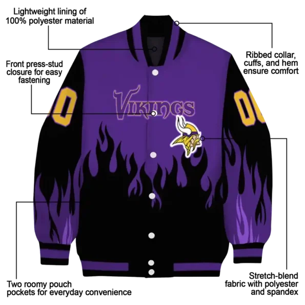 custom minnesota vikings flame border purple black varsity jacket new arrival