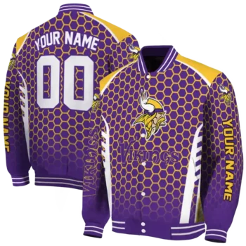 custom minnesota vikings hexagon grid purple varsity jacket fashion forward
