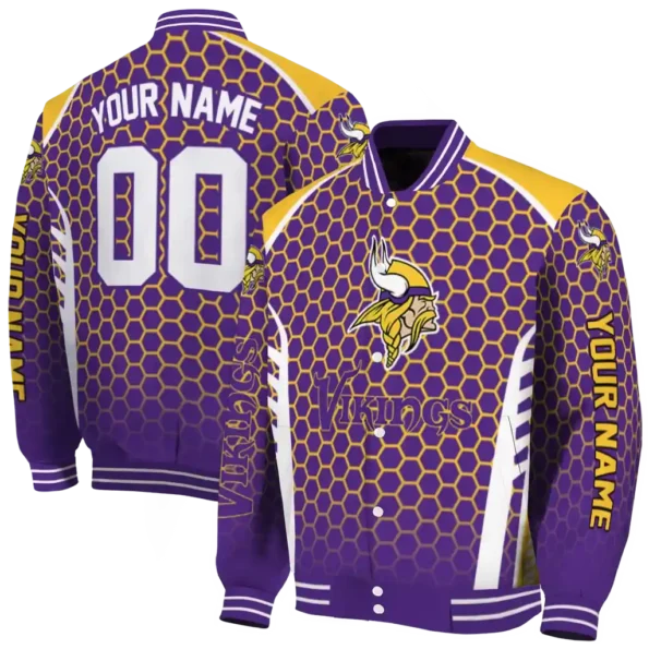 custom minnesota vikings hexagon grid purple varsity jacket fashion forward