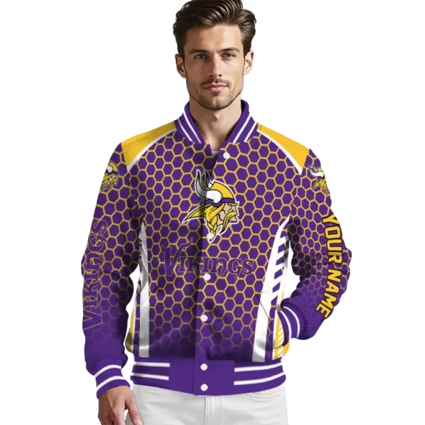 custom minnesota vikings hexagon grid purple varsity jacket high quality