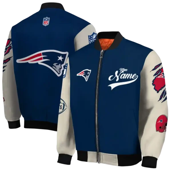 custom new england patriots razorback outline blue nude bomber jacket fashion forward