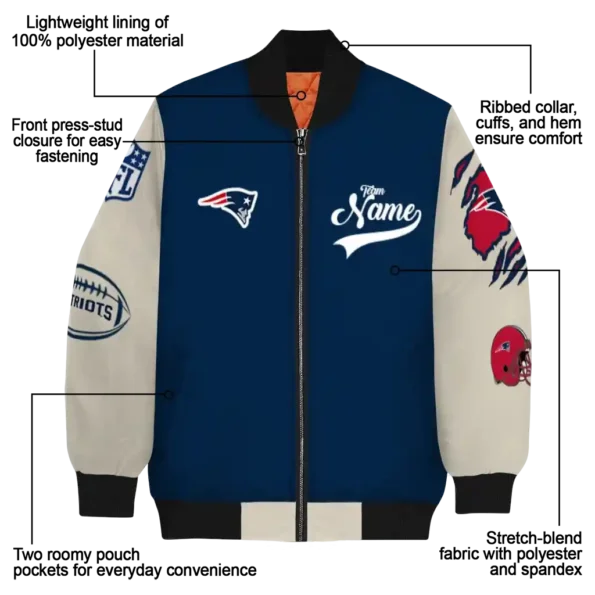 custom new england patriots razorback outline blue nude bomber jacket new arrival