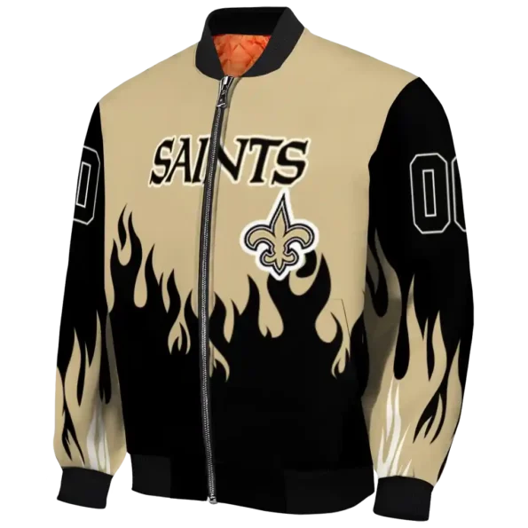 custom new orleans saints flame border gold black bomber jacket best selling