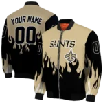 custom new orleans saints flame border gold black bomber jacket best selling