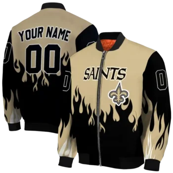 custom new orleans saints flame border gold black bomber jacket fashion forward