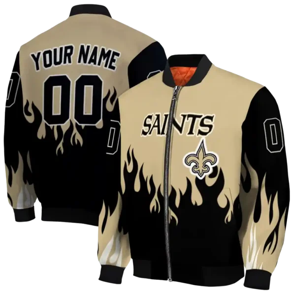 custom new orleans saints flame border gold black bomber jacket fashion forward