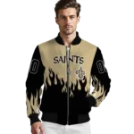 custom new orleans saints flame border gold black bomber jacket best selling