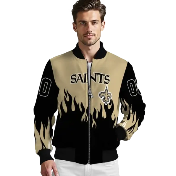 custom new orleans saints flame border gold black bomber jacket high quality